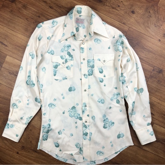 Vtg H Bar C Ranchwear Men Long Tail Tan Blue Floral Pearl Snap Long Sleeve Shirt